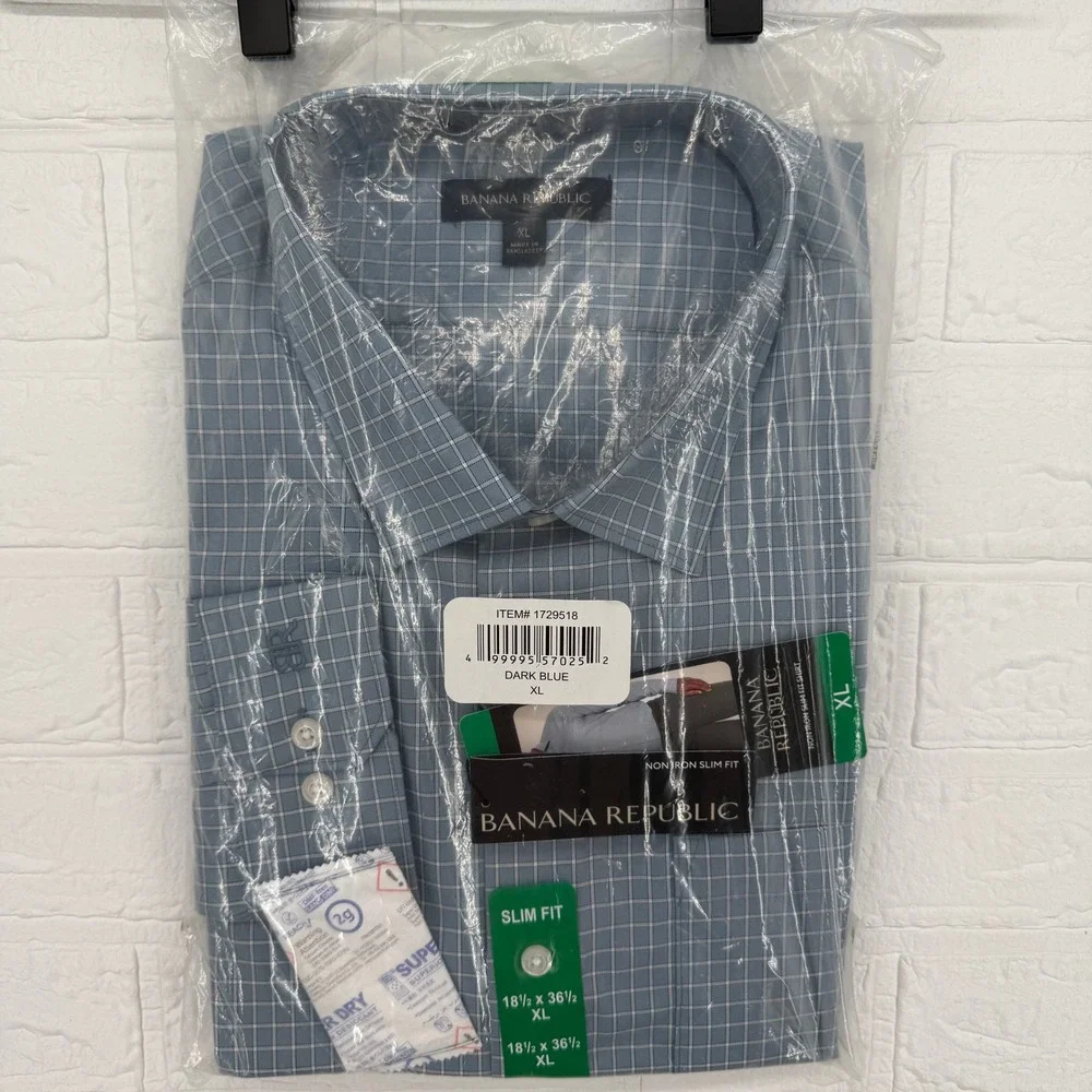 Banana Republic Dress Shirt Mens XL Dark Blue Non-Iron Slim Fit Windowpane Check